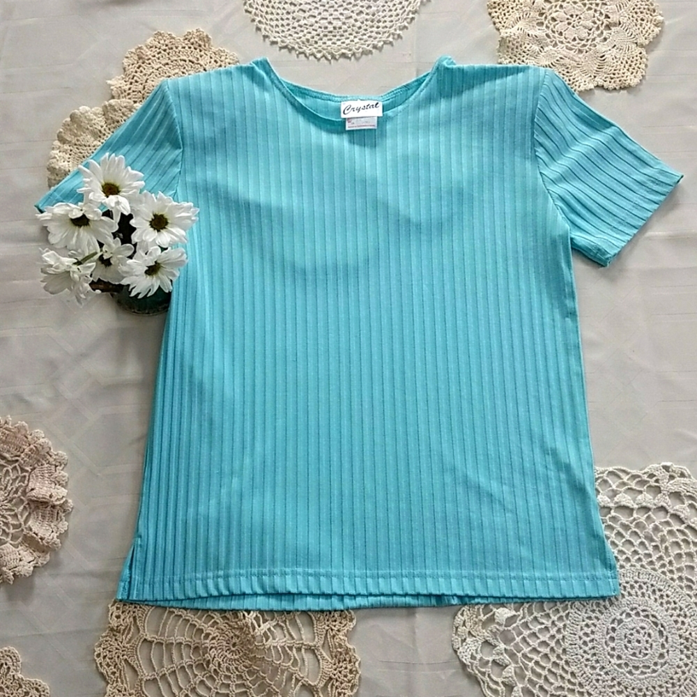 90's Light Blue Ribbed Tee Top